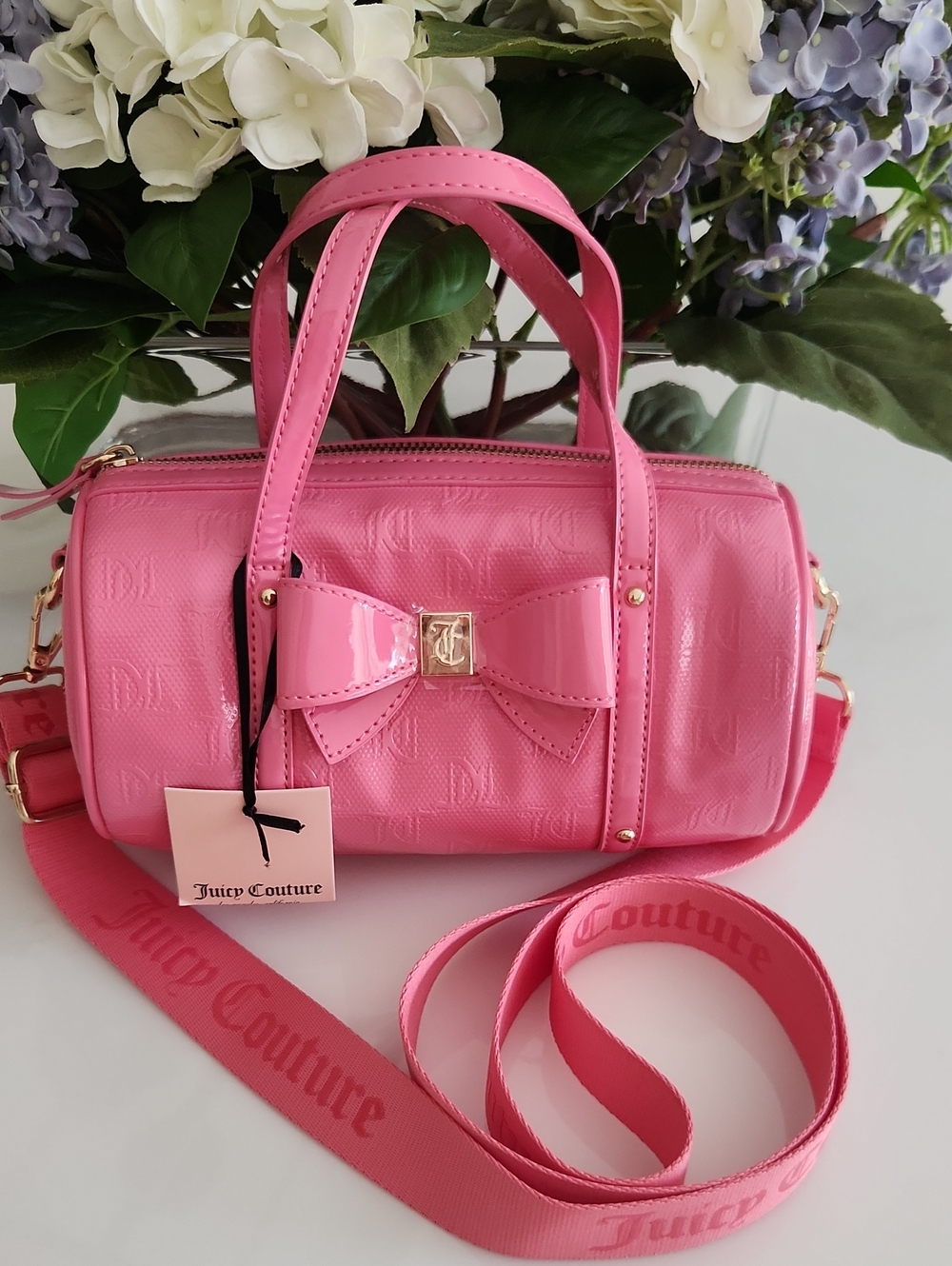 Juicy Couture Pink Lemonade Patent Bow Mini Barrel Crossbody Bag NWT